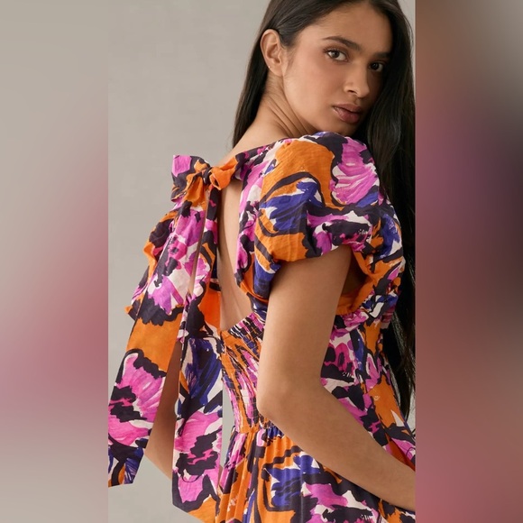 By Anthropologie Puff Sleeve Midi Floral Orange and Purple Dress size S - Picture 2 of 11